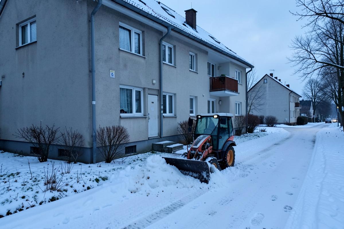 Räumfahrzeug räumt Schnee vor einer Wohnanlage im ländlichen Raum